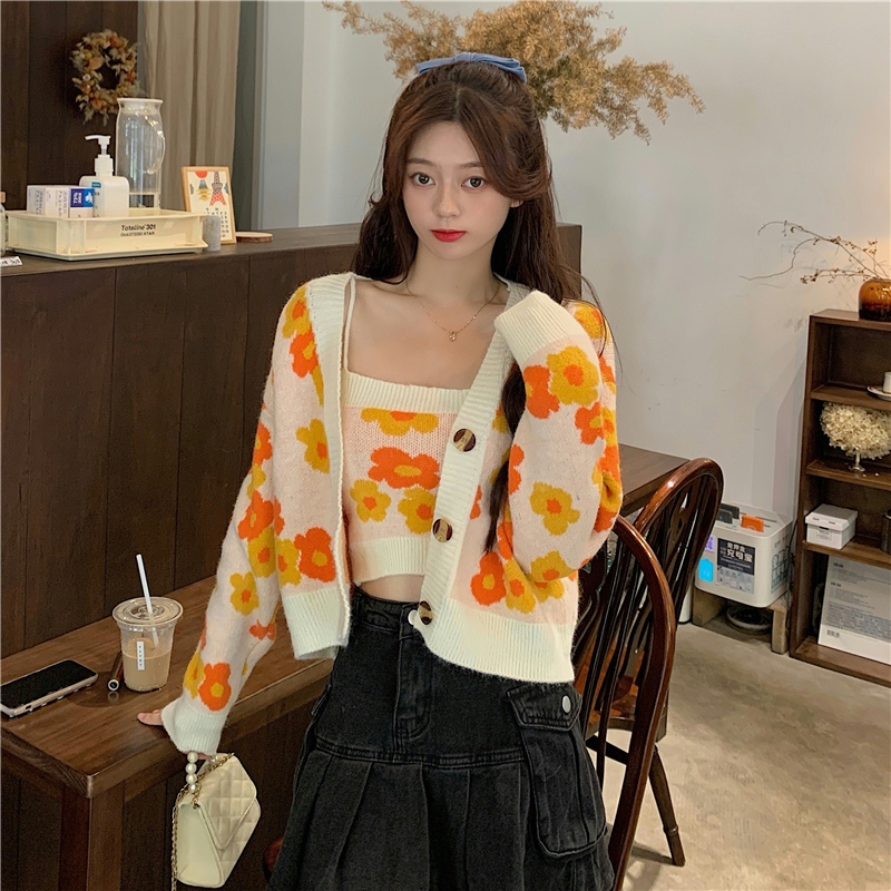 Sweet Floral Cardigans Women Sweaters Cute Vintage Tender Cropped V-neck Knitwear Warm Jumpers Japan Loose Knitted Outerwear Ins alx