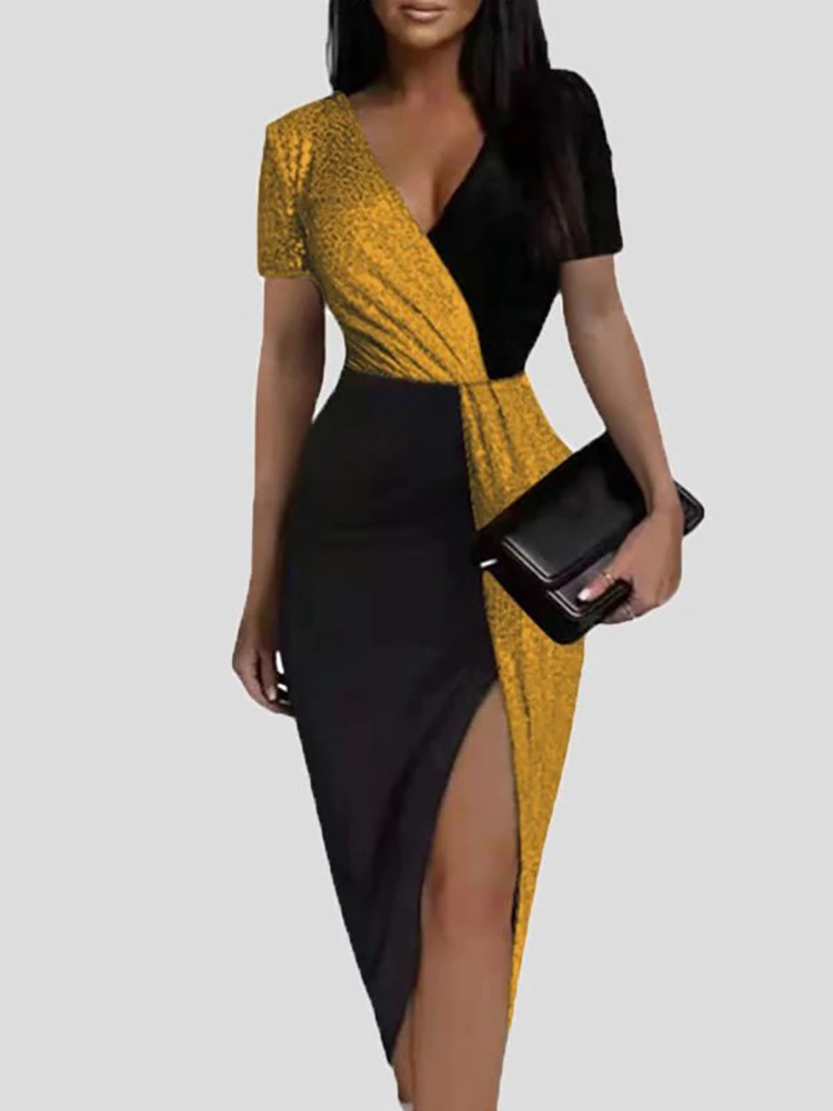 Spring Sexy V Neck Wrap Party Dress Women Elegant Glitter Sequin Shiny Slit Long Dress Autumn Long Sleeve Stitching Office Dress alx