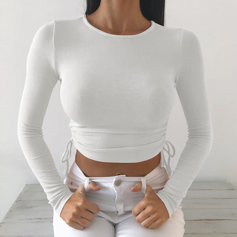 Solid Basic Bandage Long Sleeve T Shirt Women Sexy Crop Top Streetwear Summer Clothes Drawstring Korean Tee Shirts alx