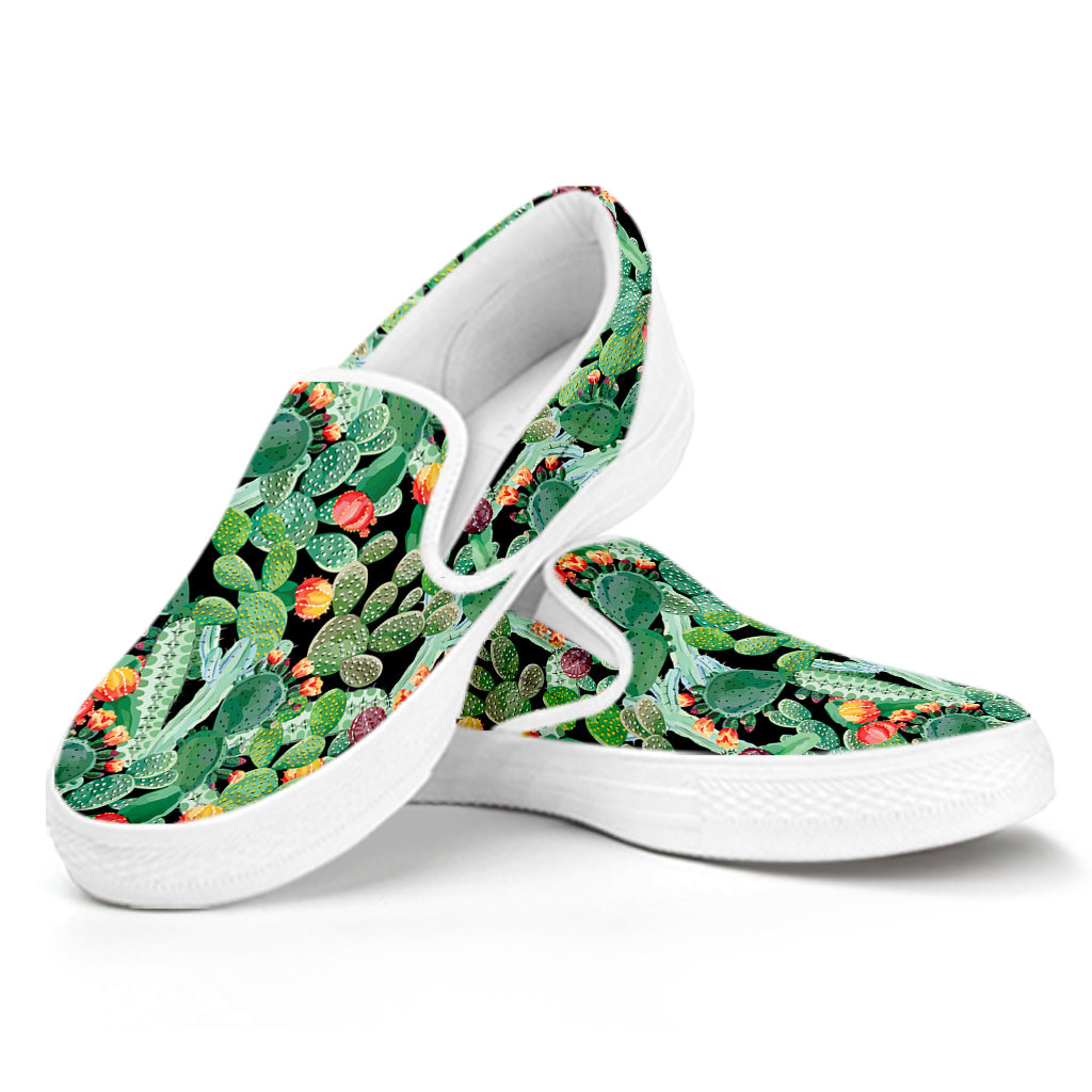 Watercolor Cactus Plant Print White Slip On Shoes