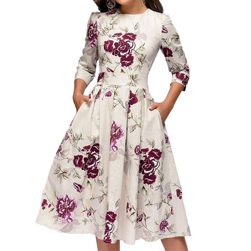 Vintage Print Floral Dress Women Sleeves O-Neck Dresses High Waist Gown Lady Elegant Party Spring Autumn Bule A-Line Plus Size alx