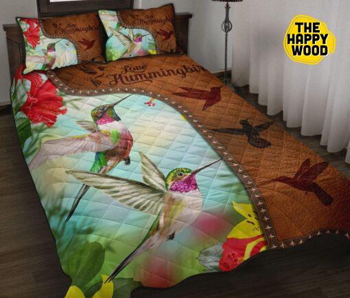 Hummingbird Flower Art Leather Brown Style Quilt Bed Set And Pillow Covers