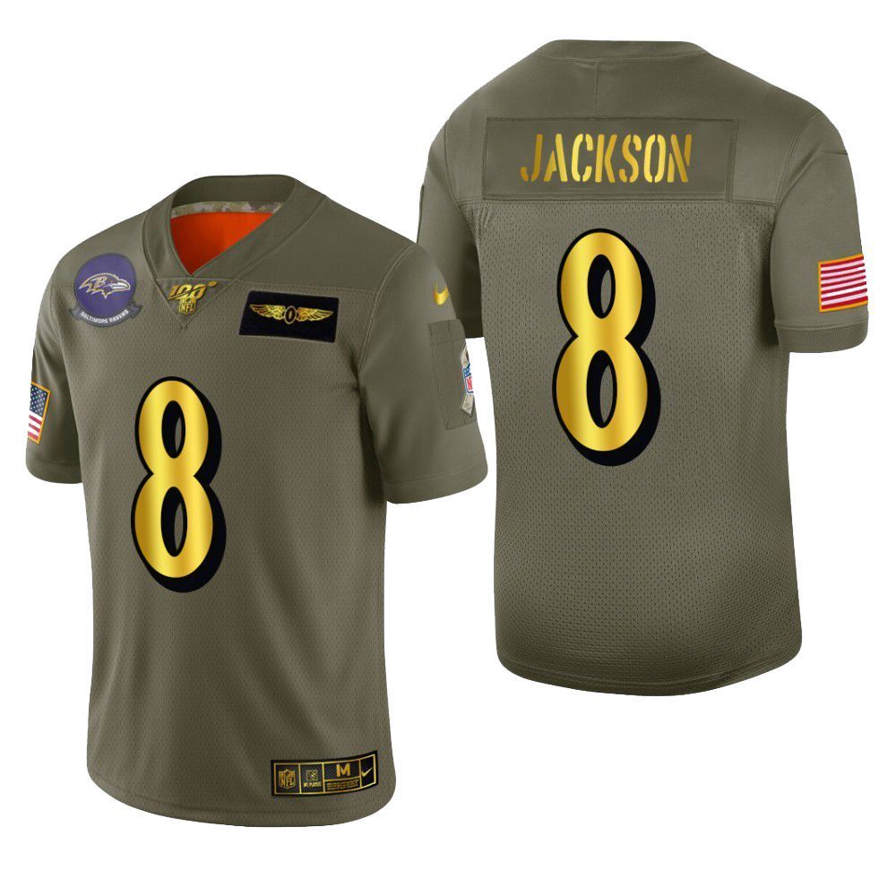 Baltimore Ravens Lamar Jackson 2019 Salute To Service NFL 100 Mens Jersey Metallic