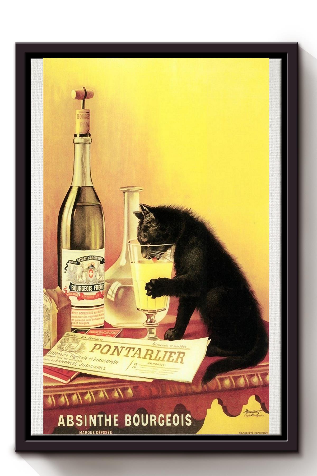 Absinthe Bourgeois Black Cat Drinking Champagne Wall Art For Cat Champagne Lover Home Decor Framed Matte Canvas