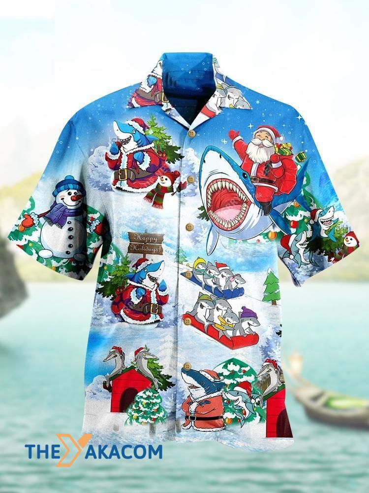 Shark Snowman Santa Claus Merry Christmas Short Sleeve Shirt