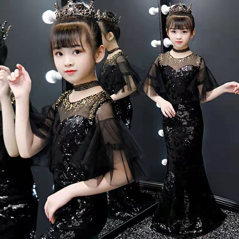 Big Kids Black Sequin Mermaid Dresses for Girls Size 3 To 14 Formal Evening Gowns Children Party Elegant Cocktail Wedding Dress alx