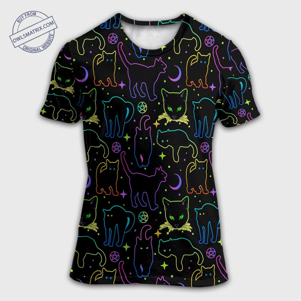 Cat Neon Colorful Playing With Kitten Magical – Round Neck T-Shirt – Tsht01Lin240822