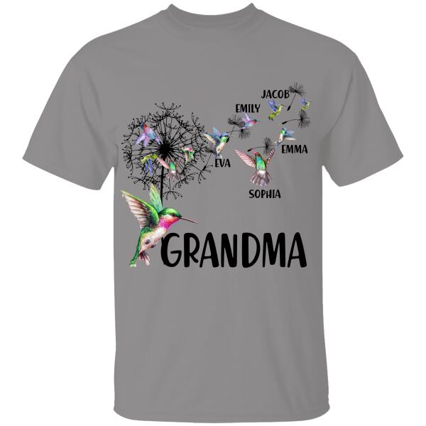 Grandma And Grandkids Bird Hummingbird Dandelion Flowers Personalized T-Shirt Family Custom Shirt, Gift For Family