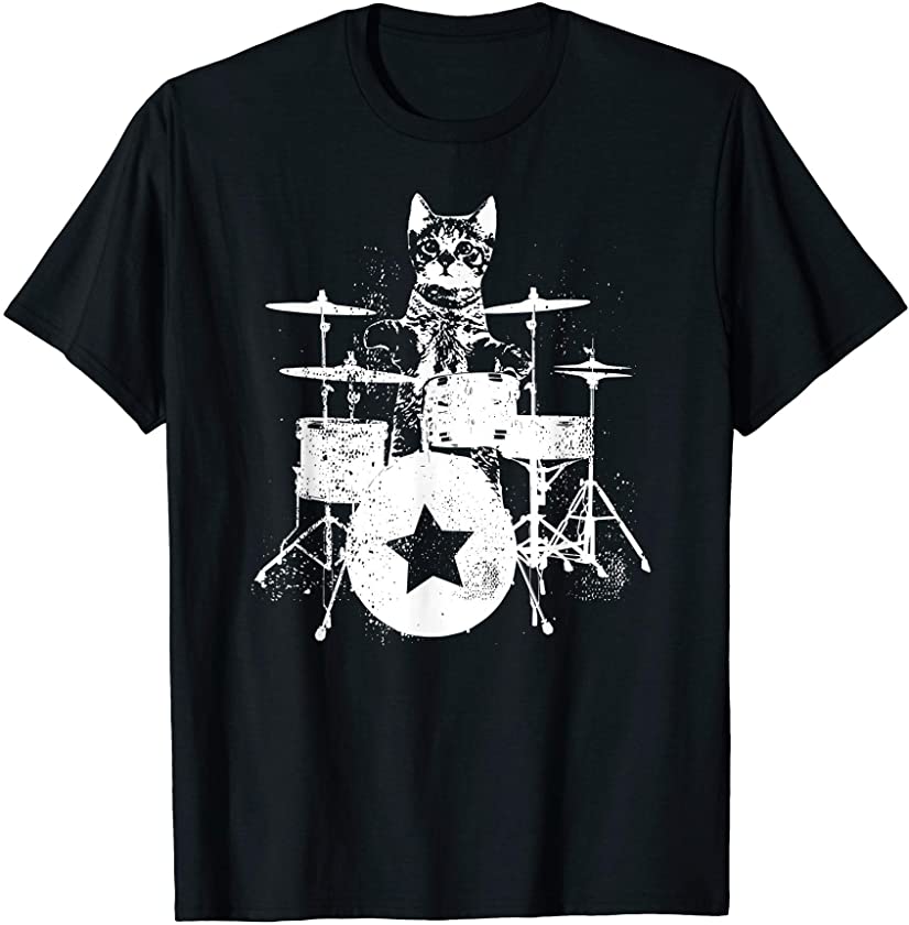 Punk Rockstar Kitten Kitty Cat Drummer Playing Drums Graphic T-Shirt