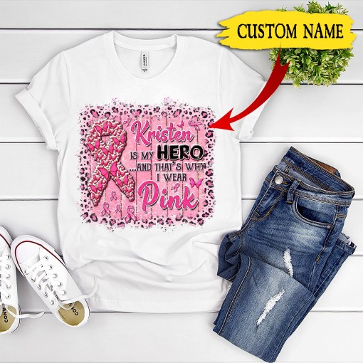 Personalized I Wear Pink For Her Shirt Breast Cancer Awareness-Unisex T-Shirt-2Dtshirt