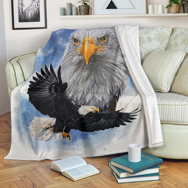 Gorgeous Bald Eagle Fleece Blanket – Black, White And Blue Rectangular Tv Blanket – Exclusively Licensed Artwork