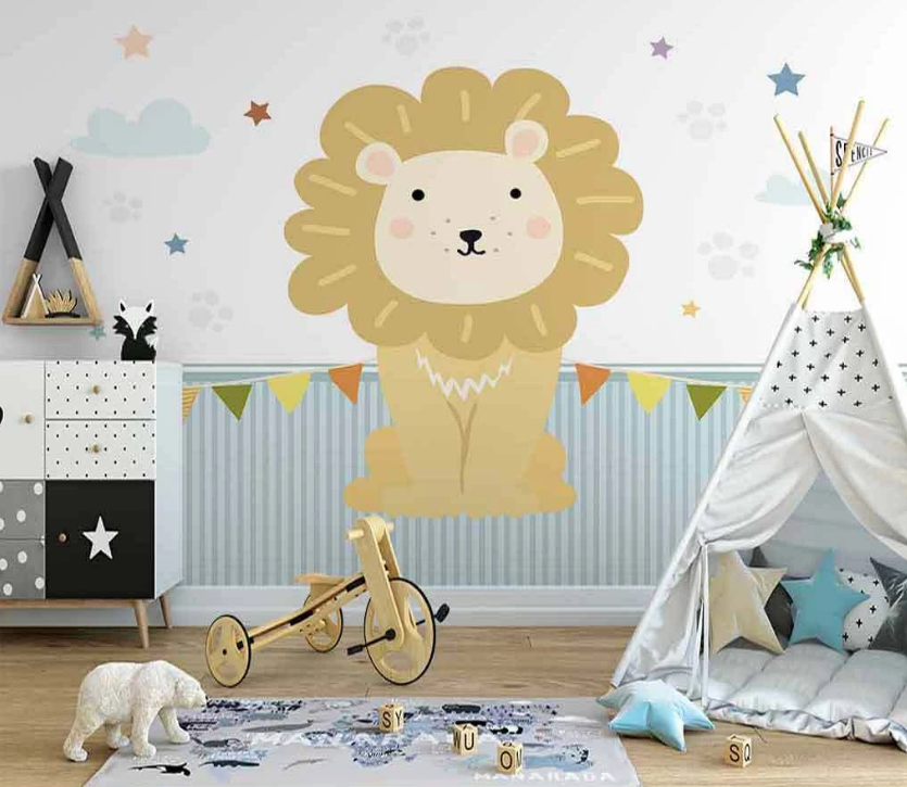 3D Cartoon Colorful Flag Star Cloud Lion Animal Wall Mural Wallpaper Lxl