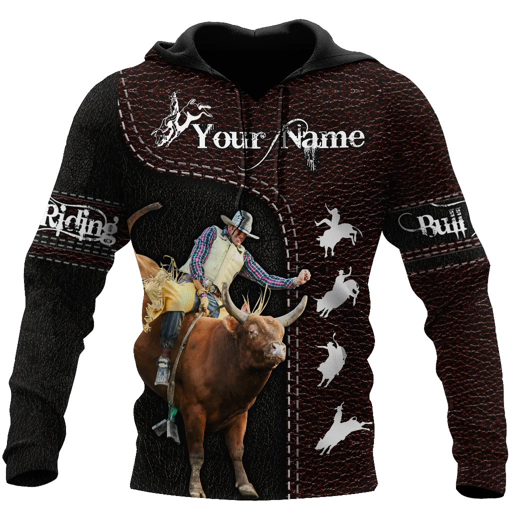 Custom Name Bull Riding Hoodie, Cowboy Hoodie Leather Pattern, Cowboy Hoodie