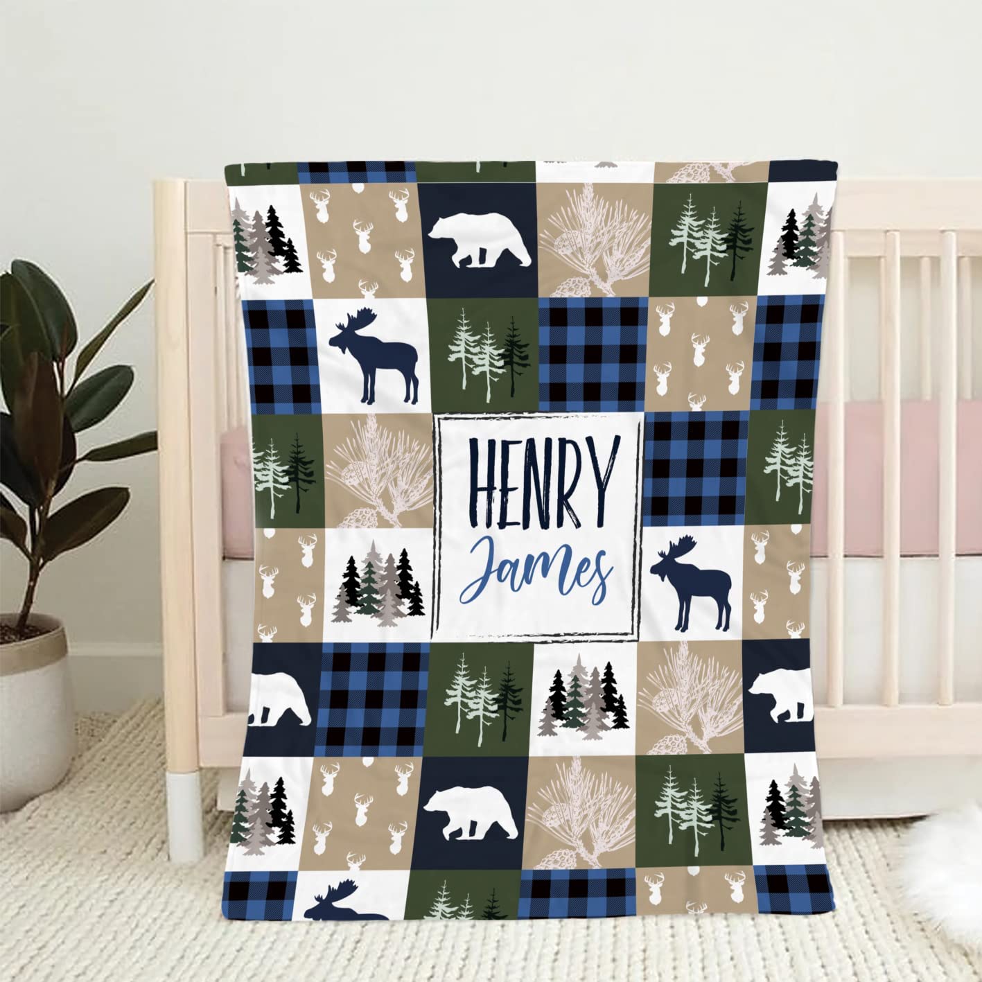 Personalized Woodland Nursery Blanket, Navy Greenery Woodland Animals Blanket, Baby Boy Woodland Blanket