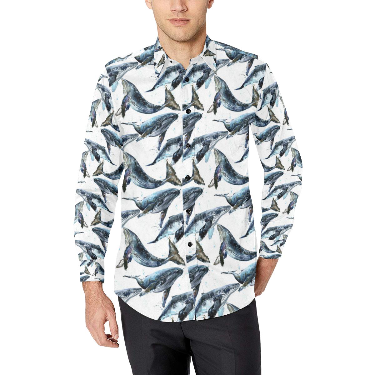 Blue Whale Pattern Print Design 03 Long Sleeve Dress Shirt