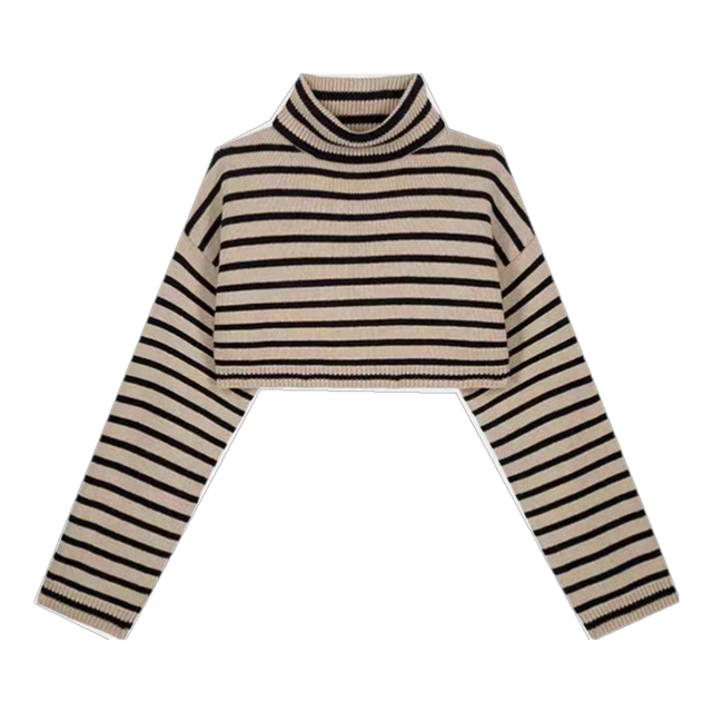 【Have Lable】Frankie Shop Women’s Athina Stripe Short High Neck Sweater Open Belly Button Short Long Sleeve T-Shirt alx