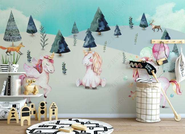 3D Cartoon Forest Unicorn Wall Mural Wallpaper Sww 108