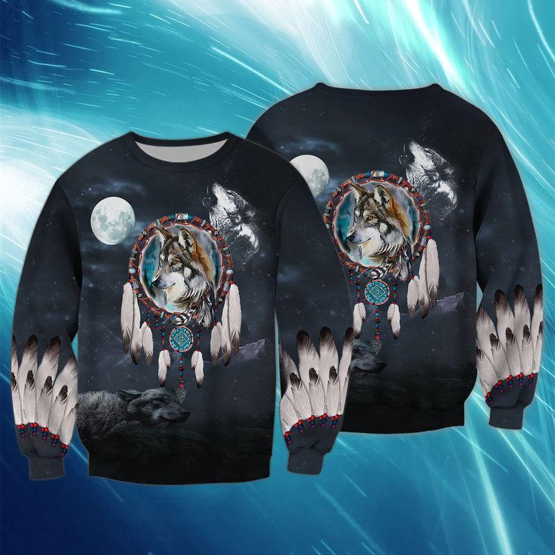 Native American Wolf Under The Moonlight 3D Sweatshirt