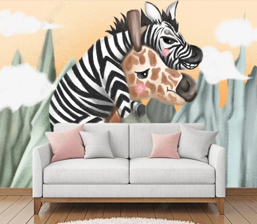 3D Green Plant Leaf Animal Zebra Giraffe Wall Mural Wallpaper Lqh 82