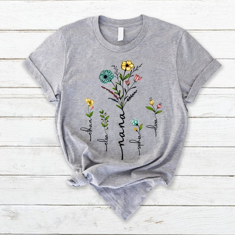 Personalized Nana Tshirt, Grandma Shirt Wildflower With Grandkid Names, Grandma Shirt With Name Custom Kidnames Flower, Mimi Nana Tee Shirt