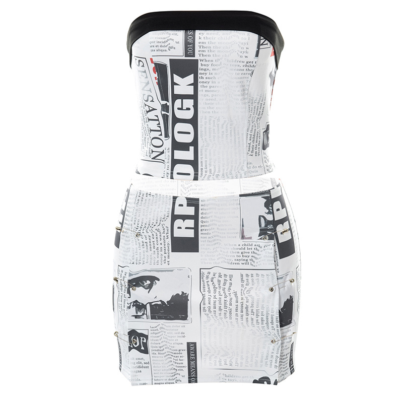 Women Skirt Set Newspaper Print Sleeveless Tube Top with Bodycon Skirt Summer Outfit Sexy Matching Dress Sets Streetwear alx