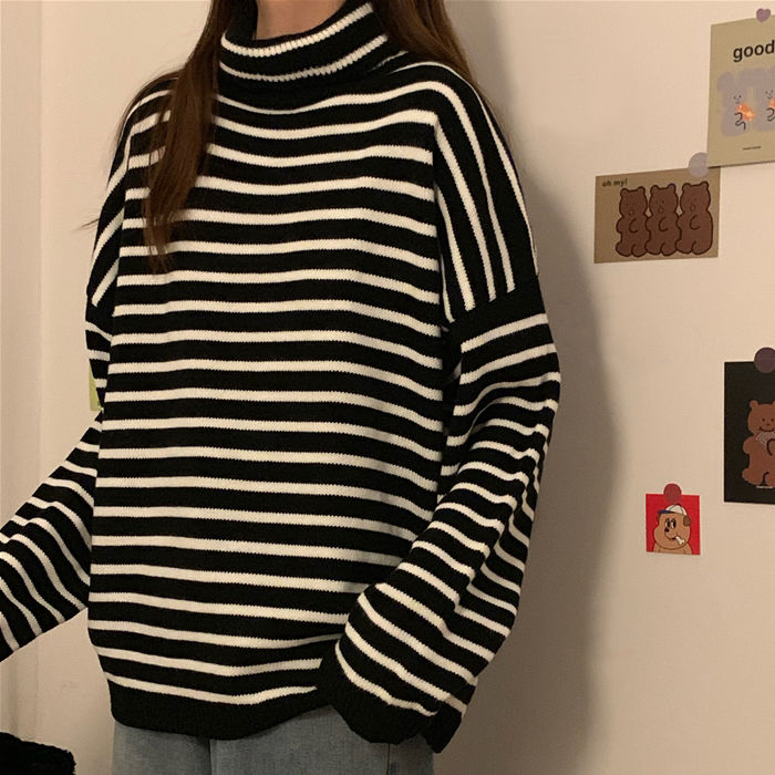 Winter Striped Turtleneck Pullover Women’s Loose Long-Sleeved Sweater Coat alx