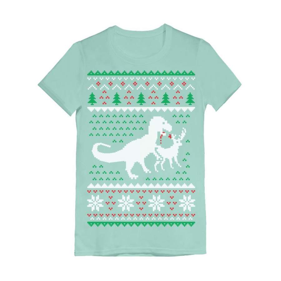 Ugly Christmas Sweater T-Rex VS Reindeer Gift Infant Girls’ Fitted T-Shirt