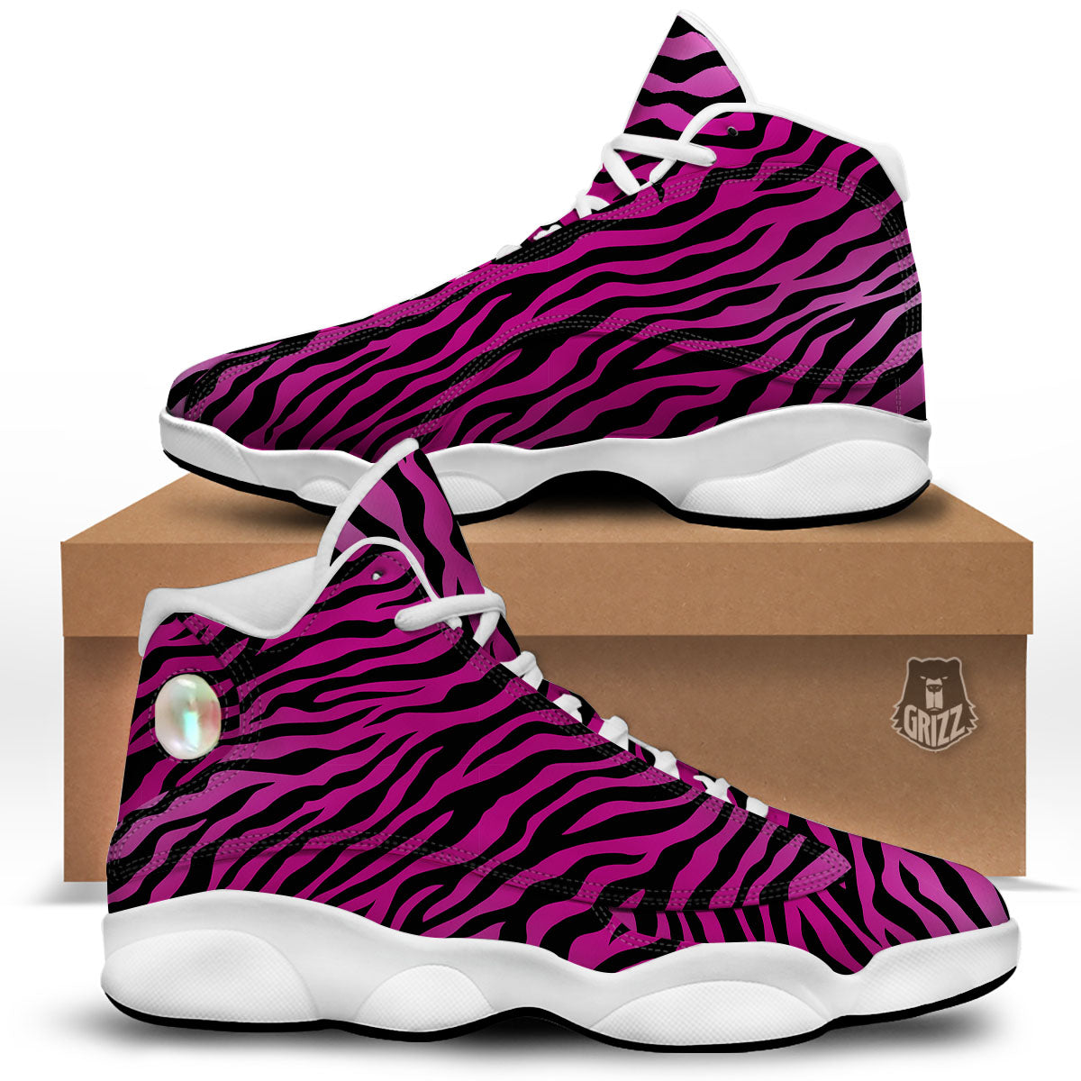 Tiger Stripe Black And Pink Print White Basketball Shoes