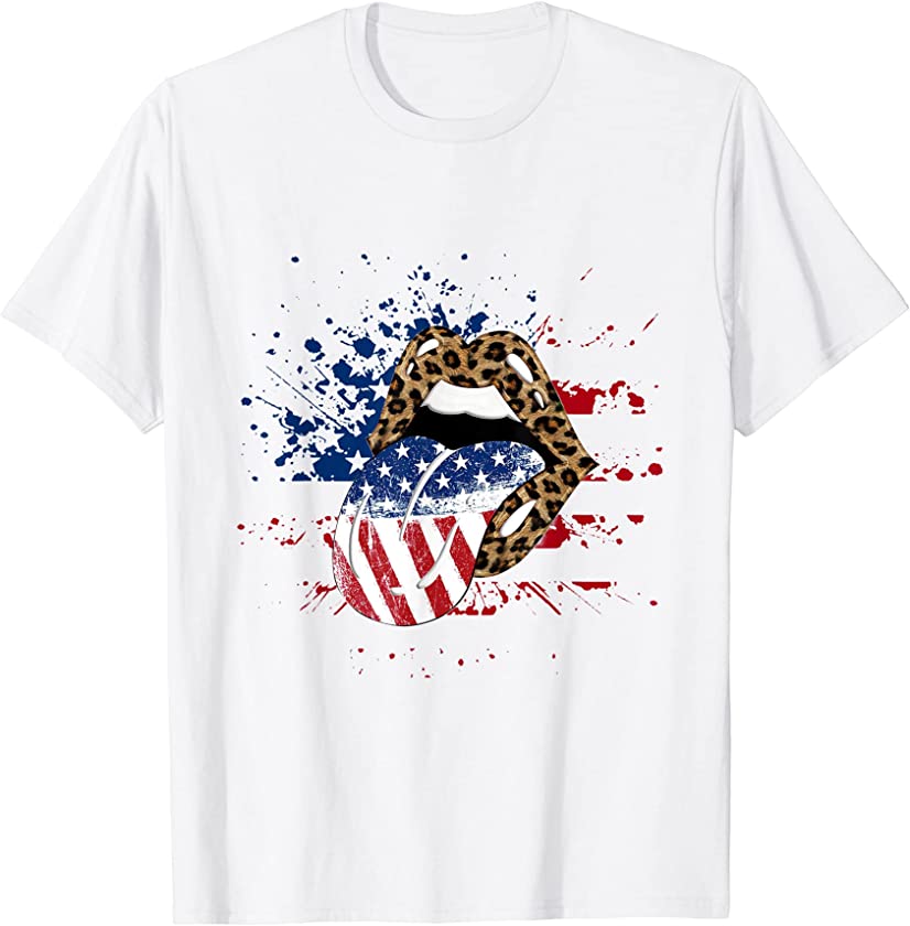 USA American Flag Patriotic Lips Leopard Print 4th of July T-Shirt