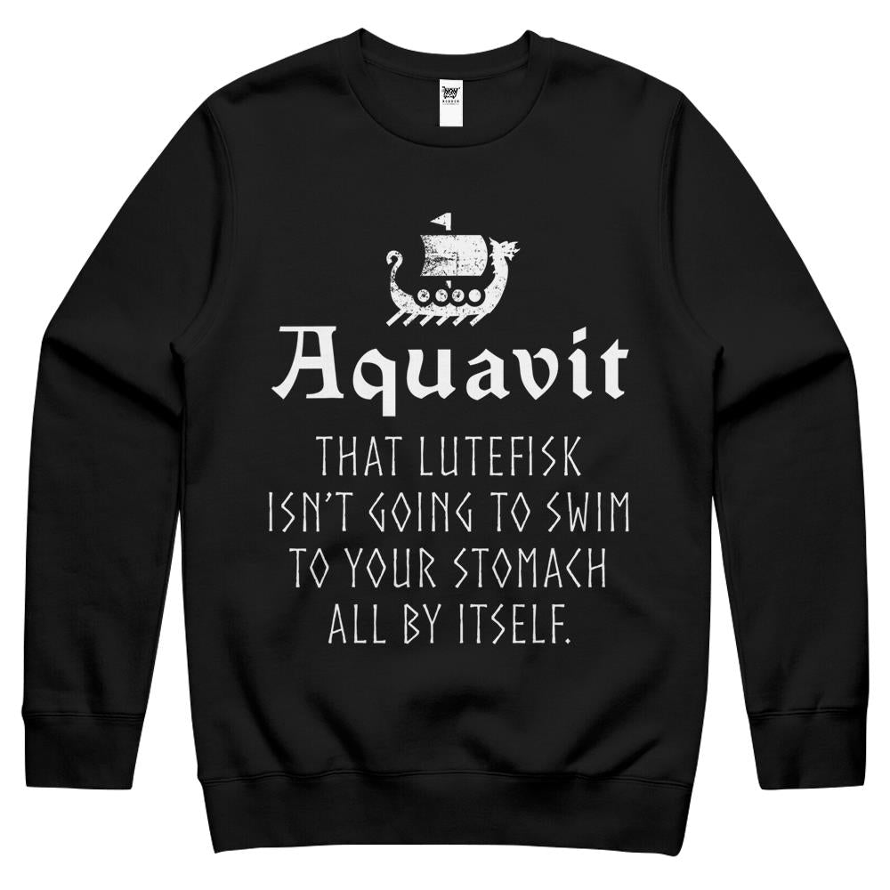 Funny Scandinavian Saying Aquavit Lutefisk Viking Ship Crewneck Sweatshirt