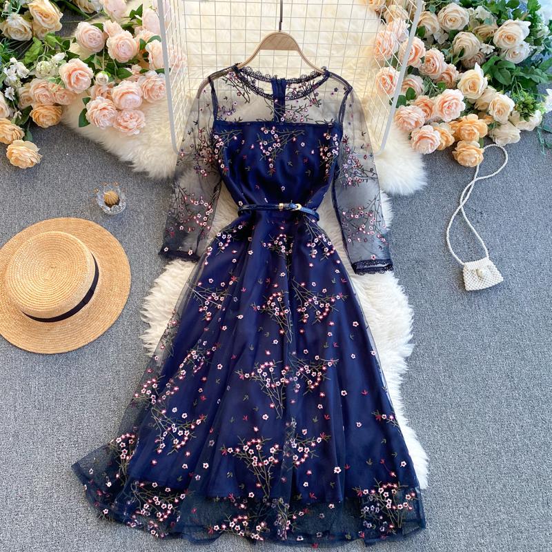 Smlinan Spring Summer Sexy Evening Party Dress Women Fashion O Neck Slim Elegant Long Dress Embroidery Floral Mesh Maxi Dresses alx