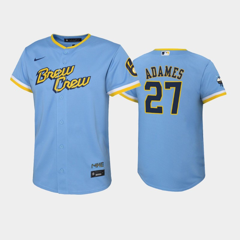 2022-23 City Connect Youth Milwaukee Brewers Willy Adames 27 Willy Adames Jersey – Powder Blue