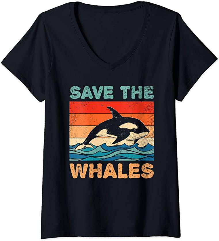 Womens Save The Whales Retro Vintage Orca Whale V-Neck T-Shirt