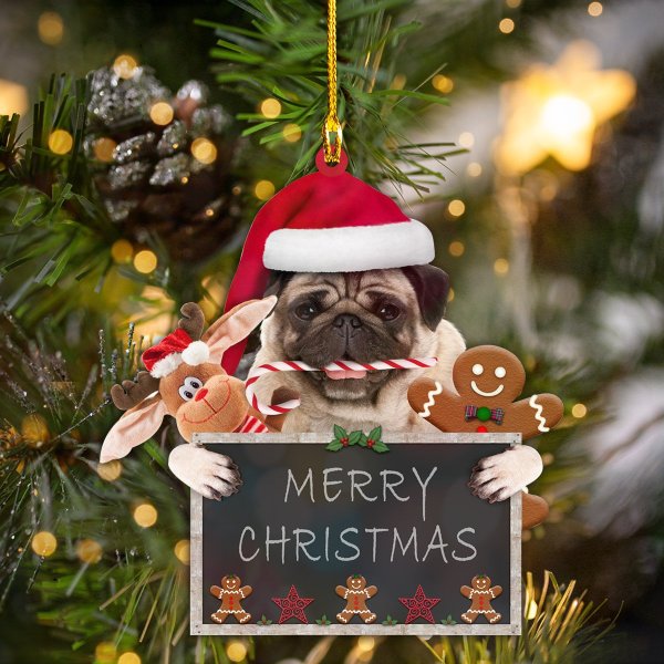 Pug Wearing Santa Hat And Candy Cane With Reindeer And Gingerbread Merry Christmas Board Shape Wooden Ornament