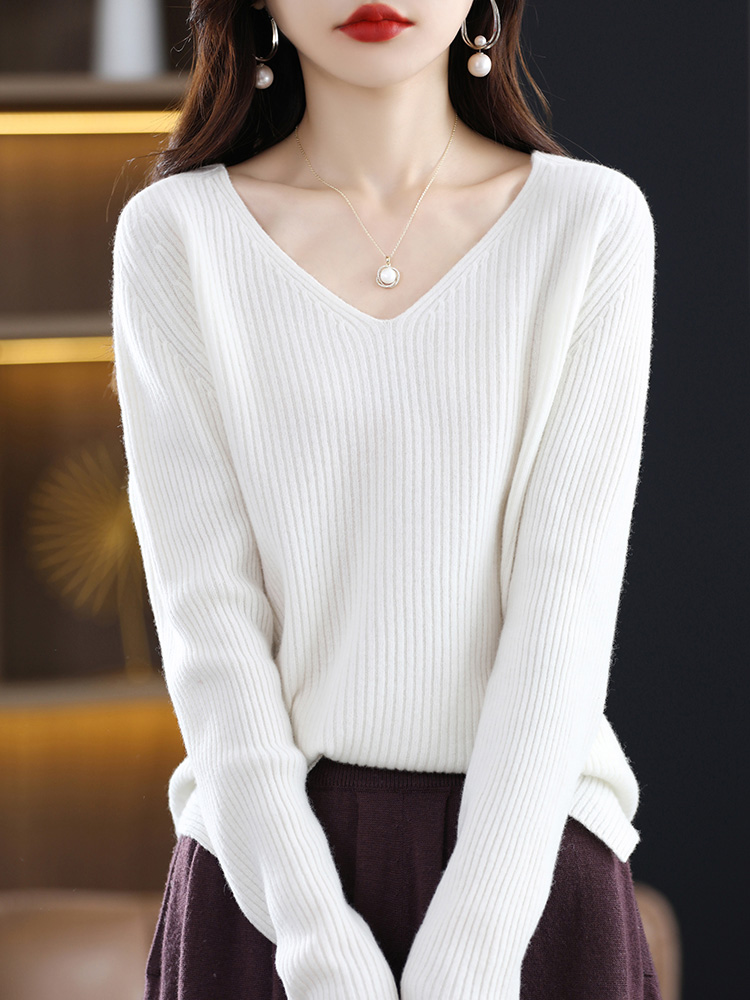 Cashmere Sweater Womens Knitted White Sweaters 100% Merino Wool V Neck Long Sleeve Pullover Autumn Winter Clothes Vintage Jumper alx