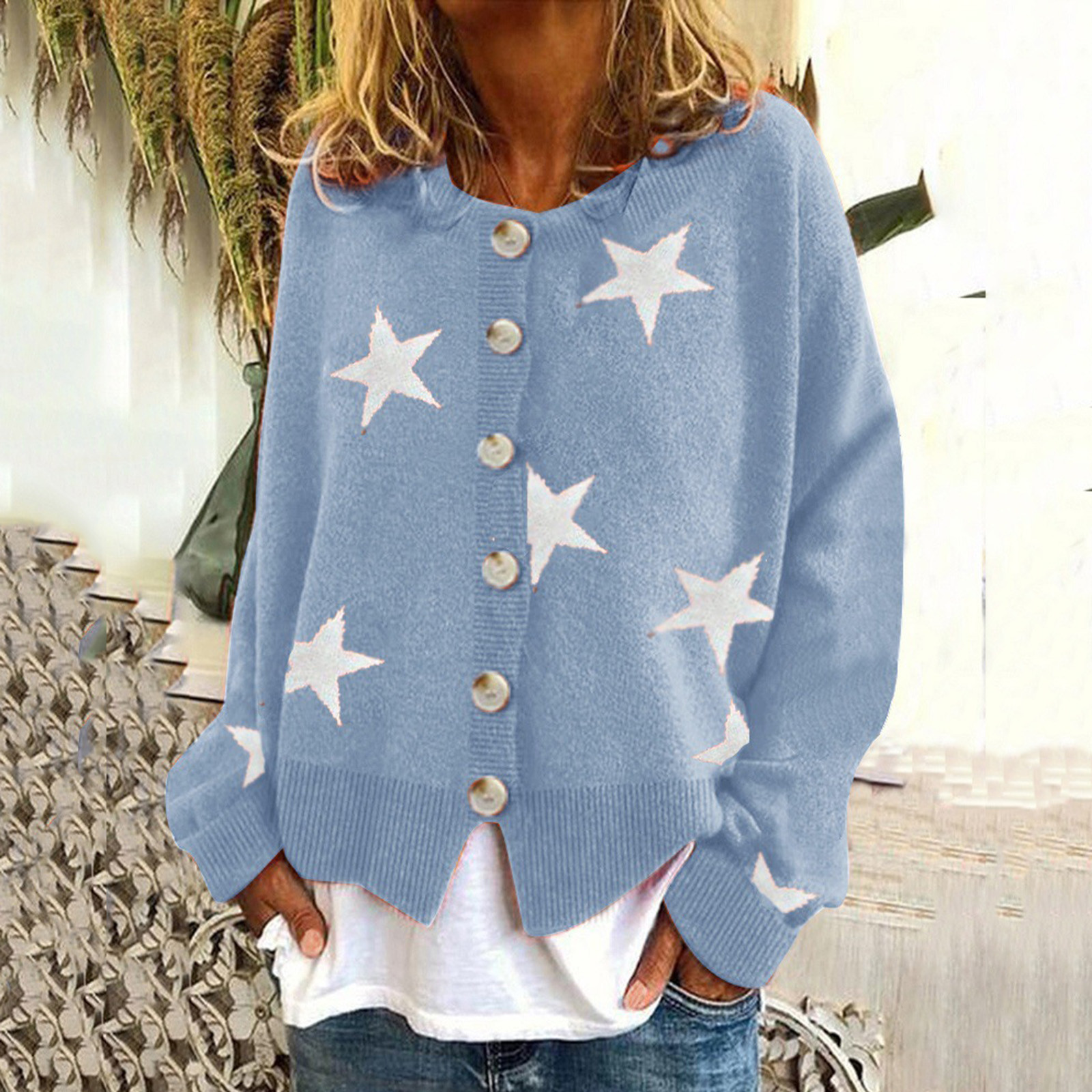 Women Warm Fashion Sweater Cardigans Star Printing Long Sleeve O-Neck Sweaters Cropped Button Sweater Top alx