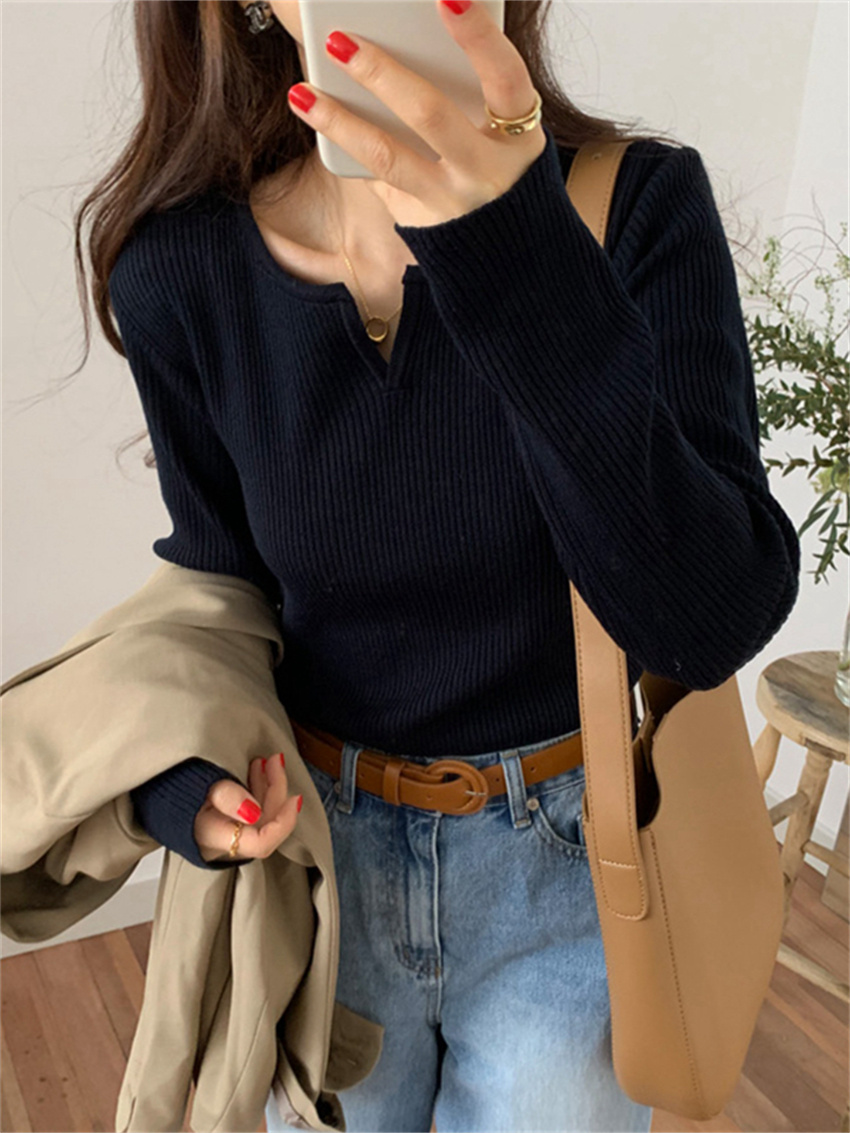 Alien Kitty Vintage Hot Solid V-Neck 2022 Sweet Causal Clothe Slim All Match Stylish Women New Sweater Streetwear Basic Tops alx