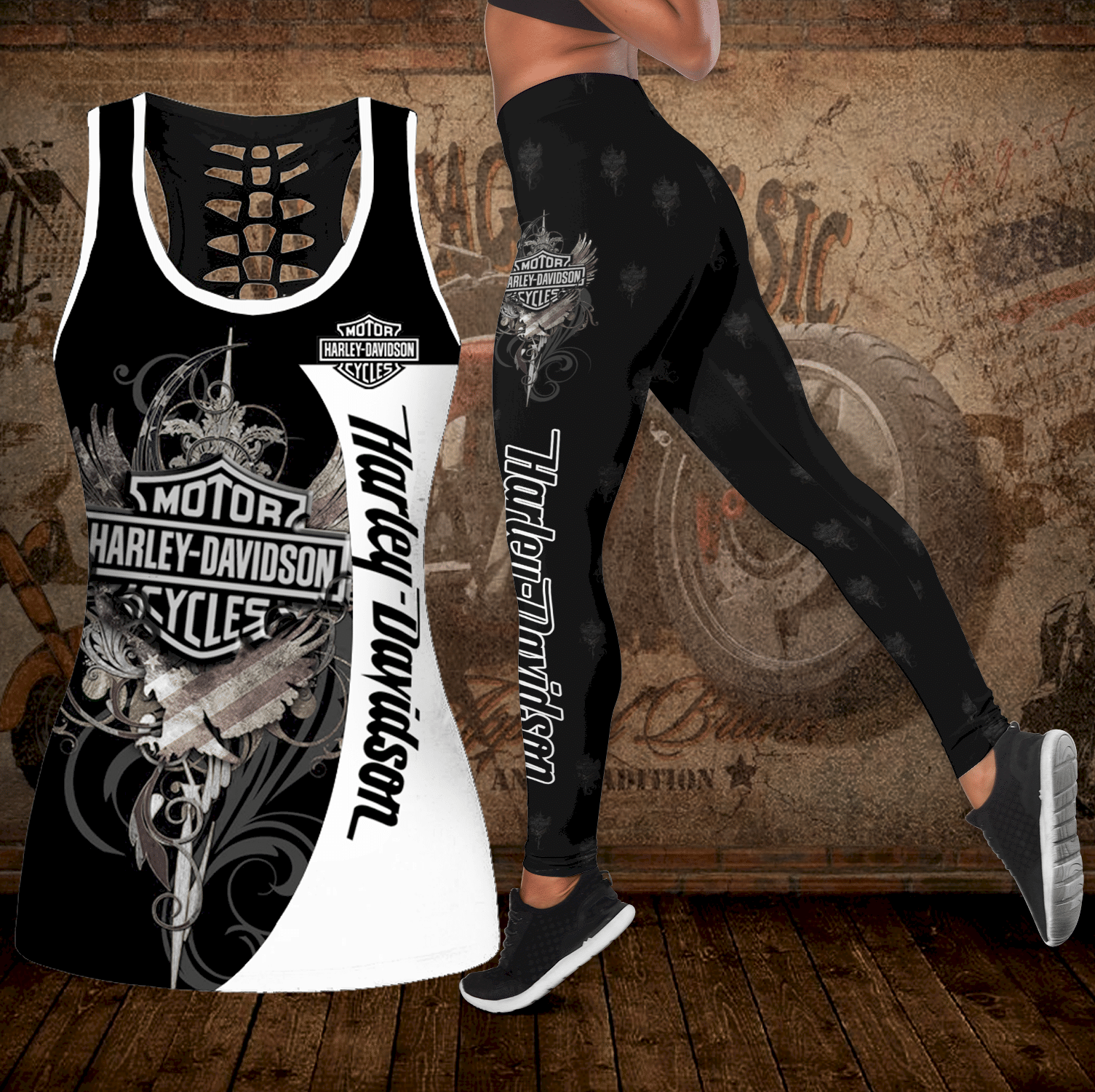 Combo Harley Davidson Hollow Tanktop And Leggings Set OUTFIT K1950