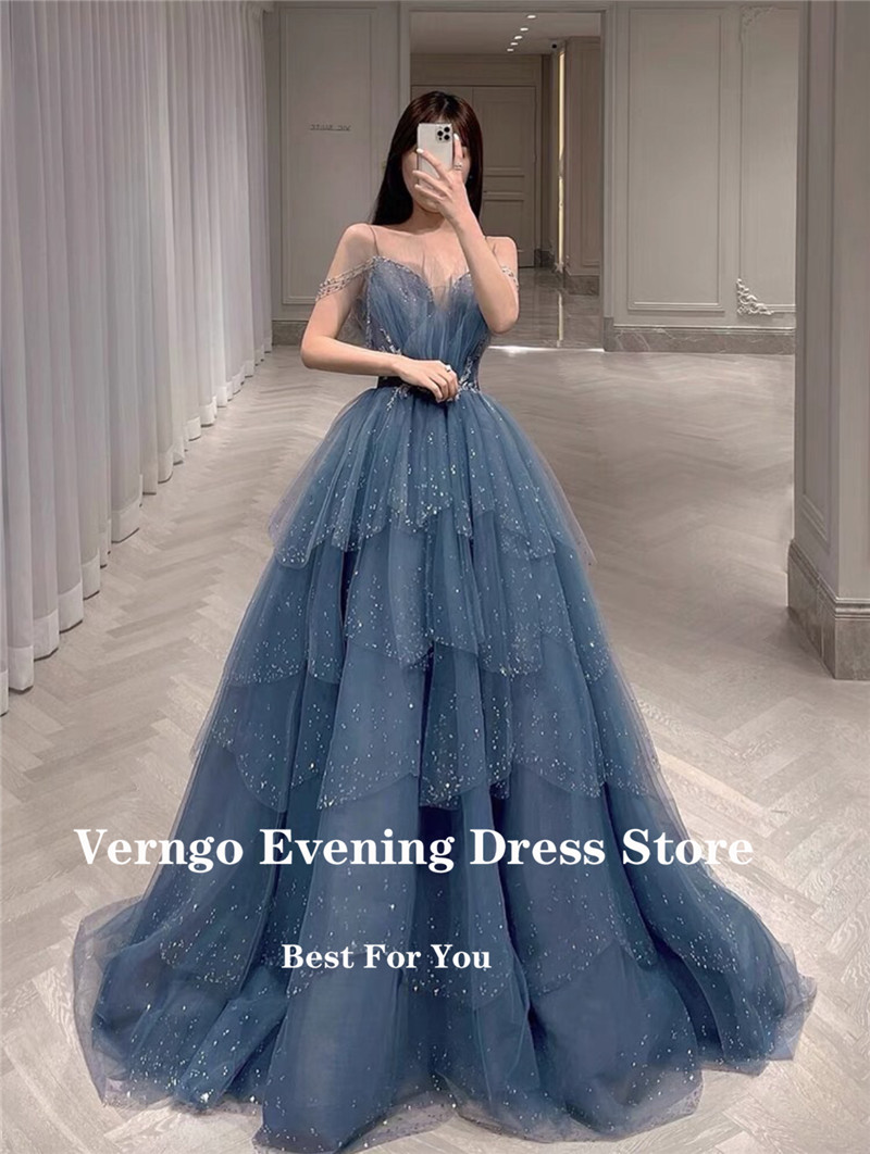 Verngo 2021 Sparkly Dusty Blue Tulle Layered Skirt Prom Dresses Spaghetti Straps Sweetheart 3D Flowers Sequin Long Evening Gown alx