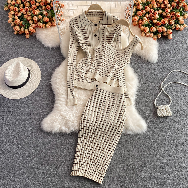 Women 3 Piece Set 2021 Autumn New Korean Style Temperament Fashion Suit Plaid Knitted Cardigan Bottoming Camisole Skirt alx