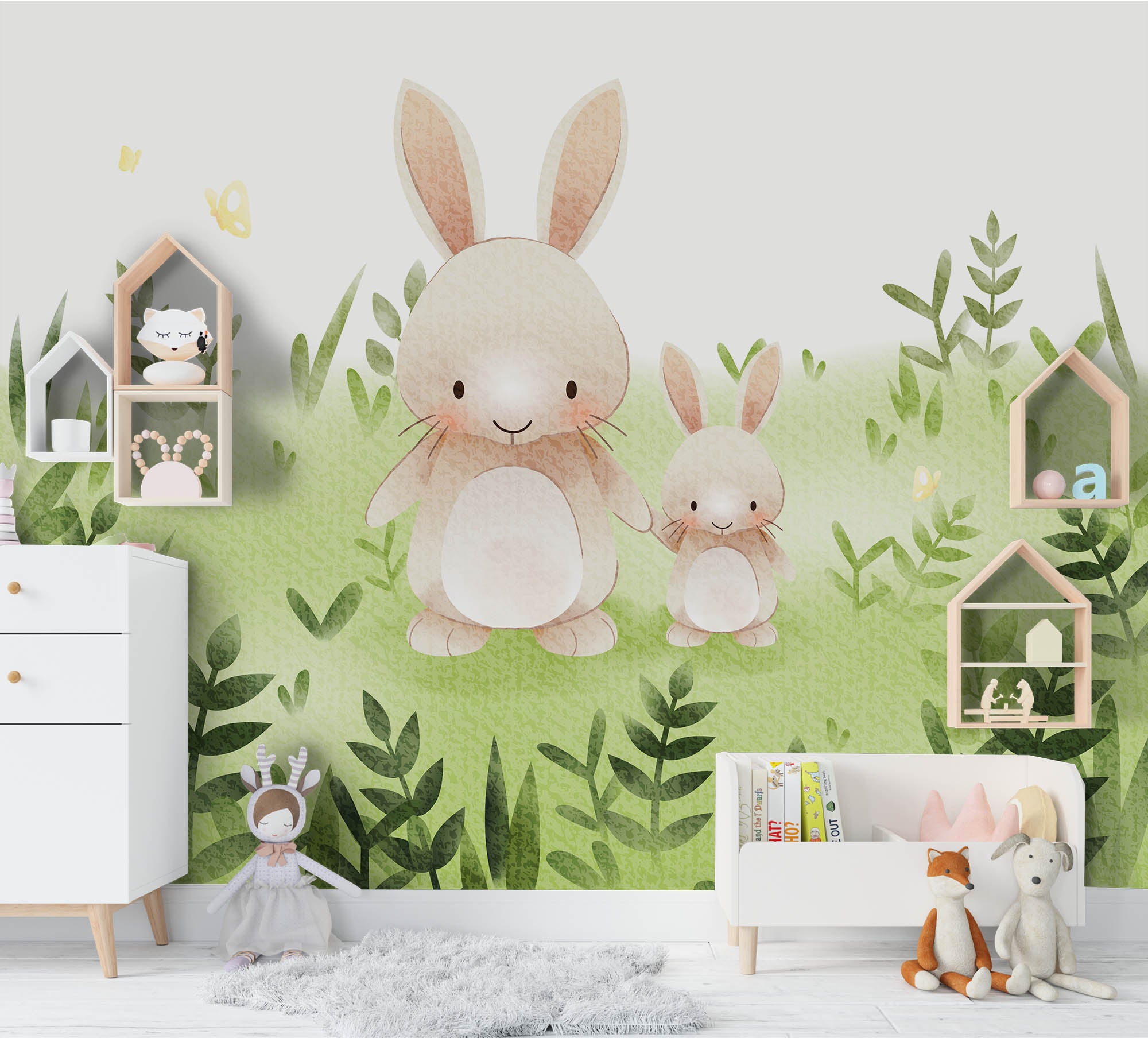 3D Cartoon Rabbit Green Leaf Wall Mural Wallpaper 105