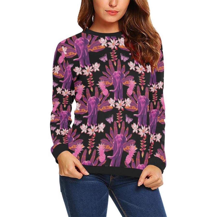 Floral Banana Leaves Elephant Print Women Crewneck Sweatshirt