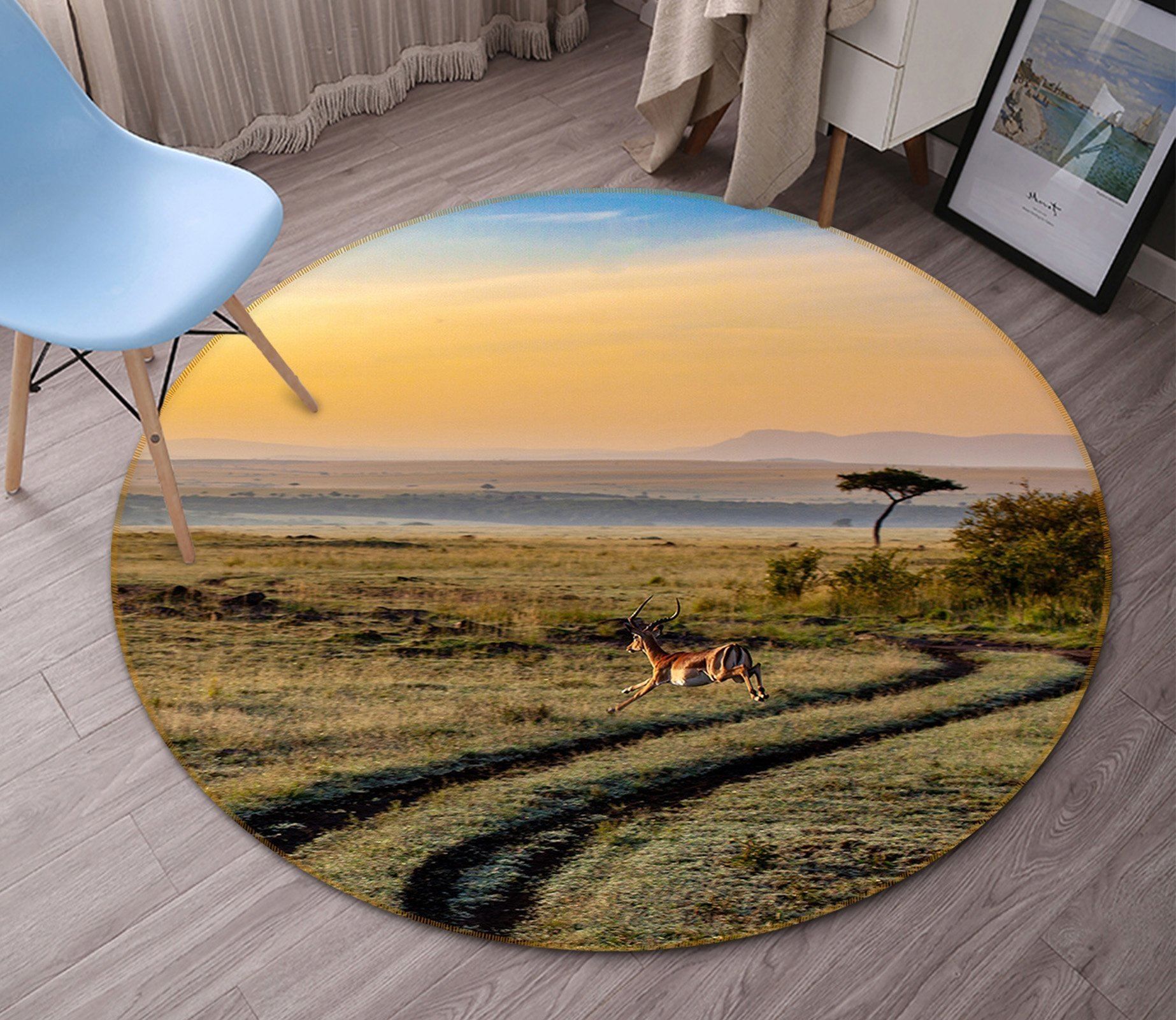 3D Antelope Rushing Sunset Round Rug – Round Carpet Home Decor