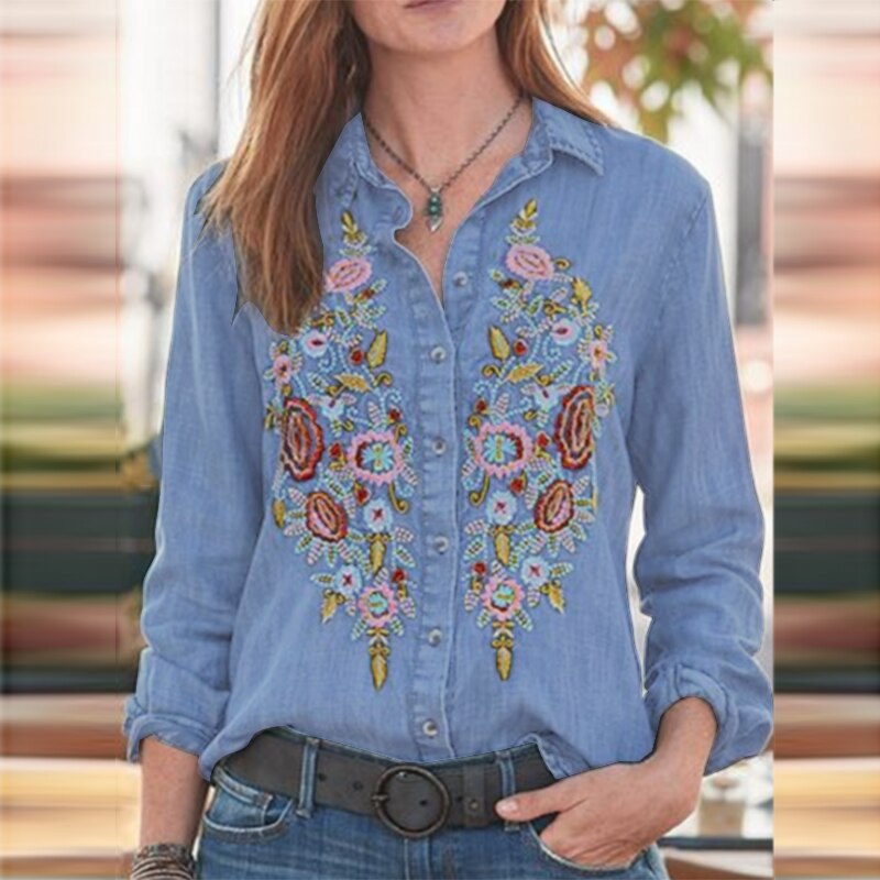 2022 ZANZEA Autumn Denim Shirt Fashion Women Casual Lapel Long Sleeve Floral Embroidered Work Tunic Tops Blouse Blusas alx