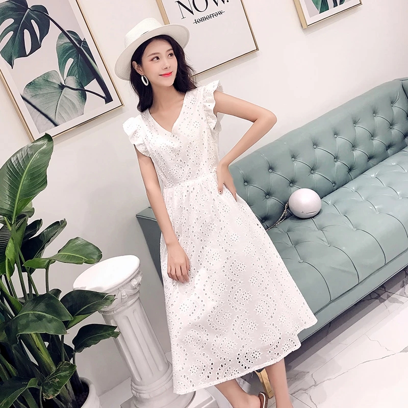 2022 High-End Custom Heavy Industry Hollow-Out Water-Soluble Lace Dress Woman V-Neck Embroidered White Party Dresses Vestidos alx