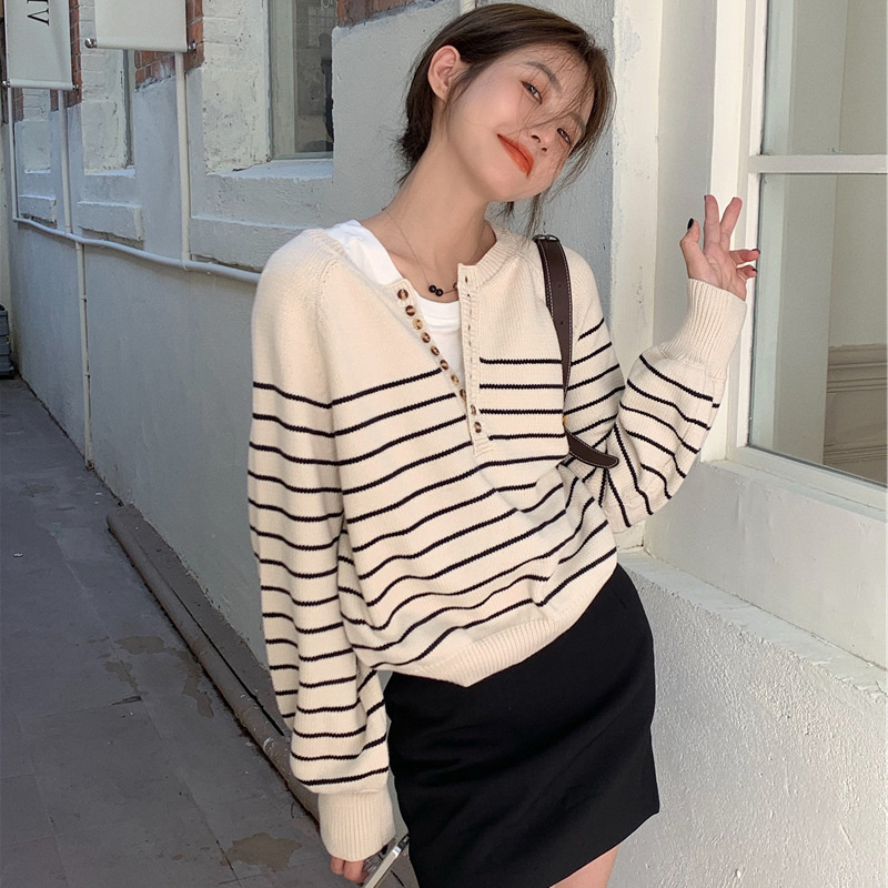 Striped Sweater Women’s 2022 Autumn And Winter New Korean Version Loose Slouchy Style Pullover Soft Waxy Knitwear Top QWU1 alx