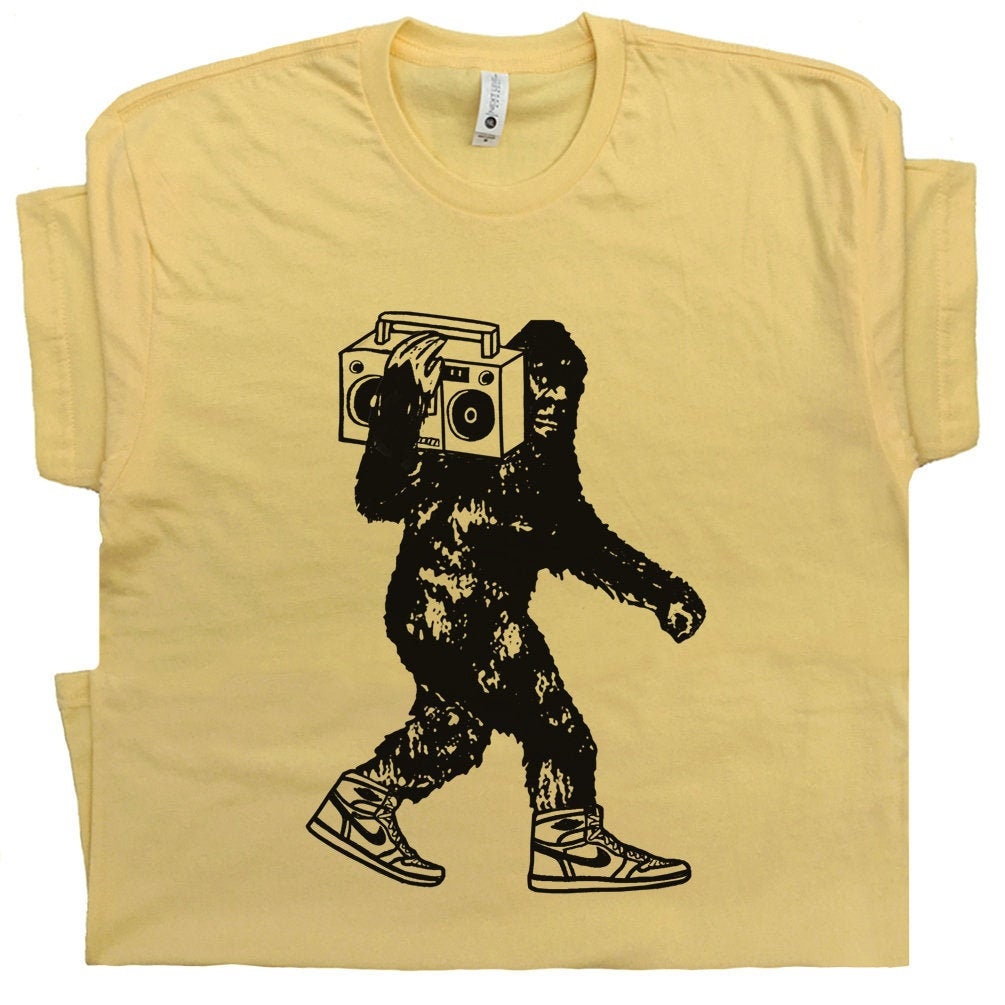 Bigfoot T Shirt 80s Hip Hop Shirt Cool DJ Sasquatch Shirts Mens Womens Ladies Weird Funny Graphic Tee Vintage Stereo Retro Vinyl Record Tee