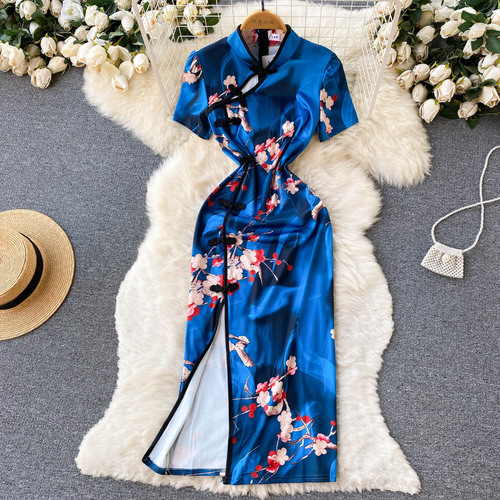 Sweet&Spicy Chinese Style Cheongsam Women Summer Clothes Mid-Calf Vintage Buttons Dresses Floral Print Slit Bodycon Dress alx