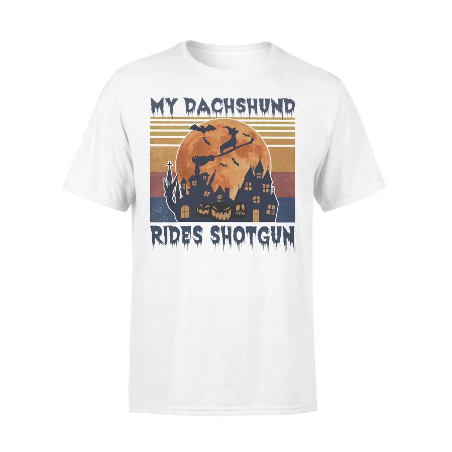 My Dachshund Rides Shotgun Moon Halloween Vintage Retro T-shirt