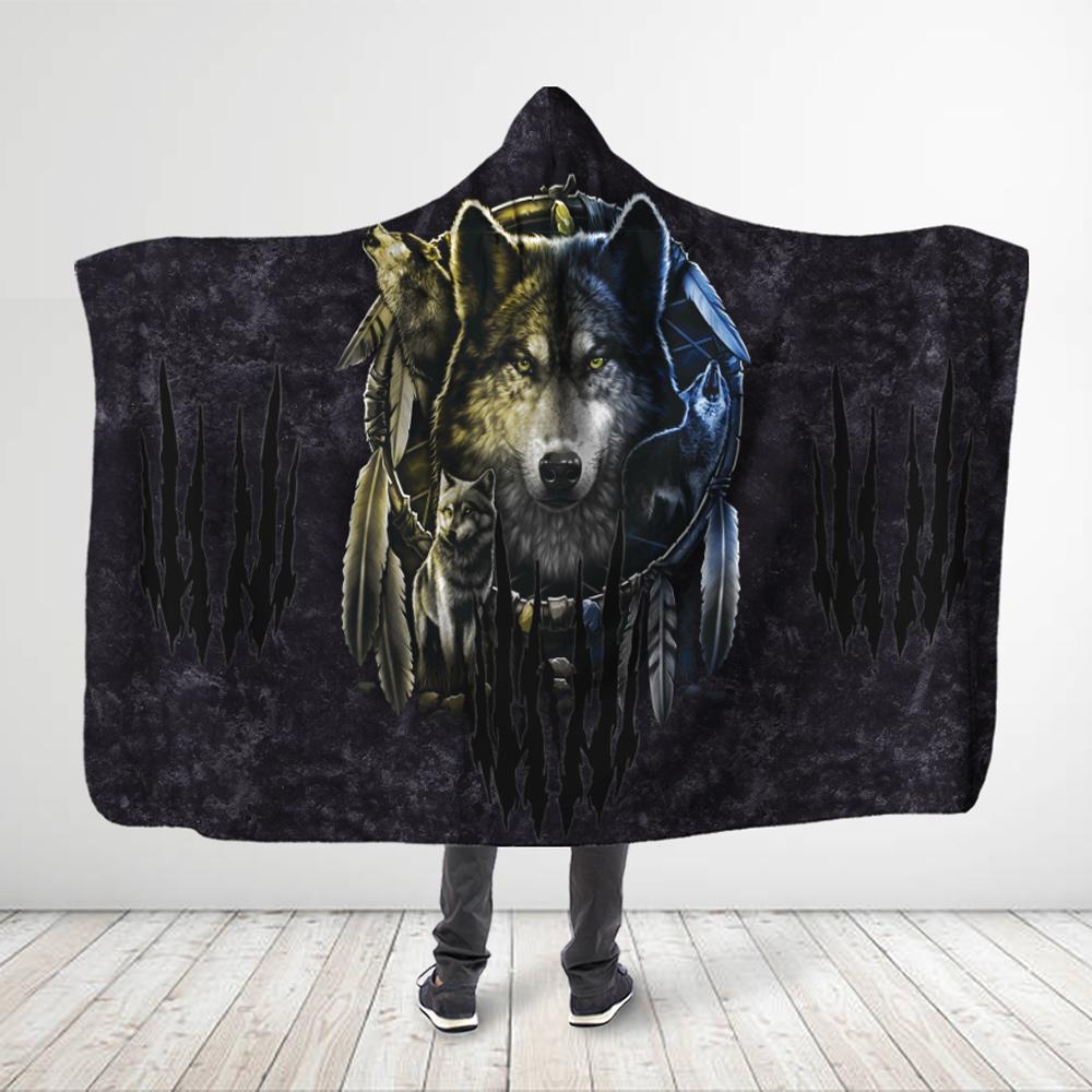 3D All Over Printed Native America Gold Blue Wolf Dreamcatcher Hooded Blanket
